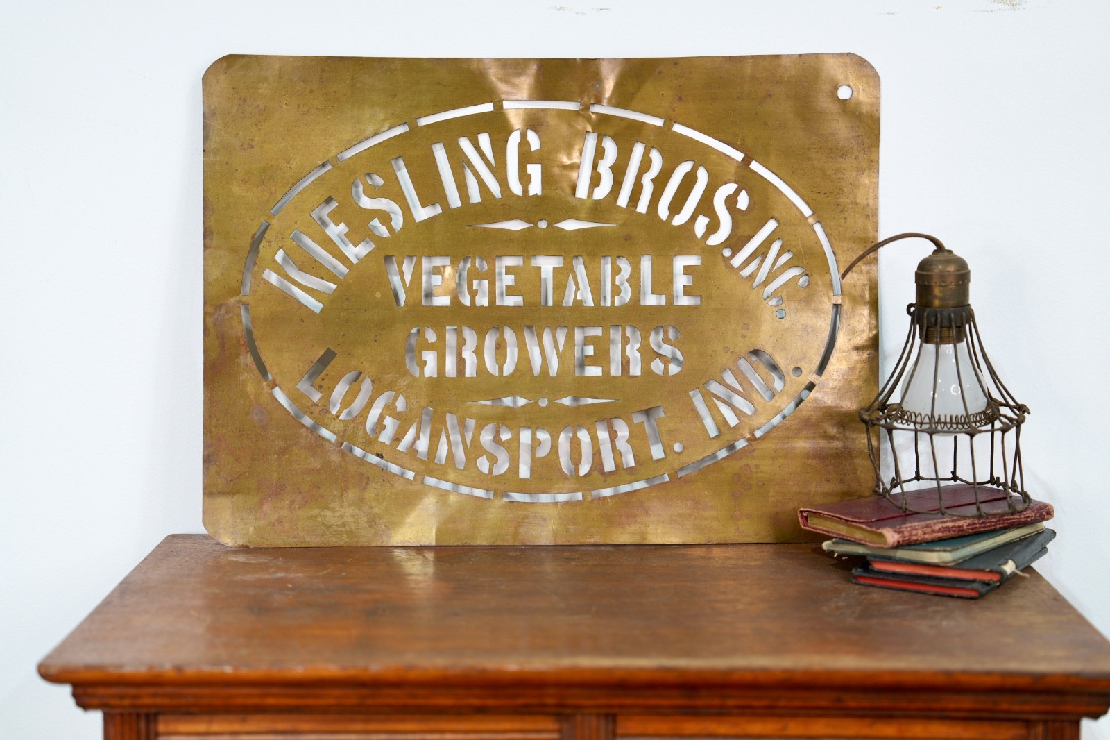Antique Brass Stencil Sign Kiesling Bros Vegetable Growers Farm Kitchen Vintage