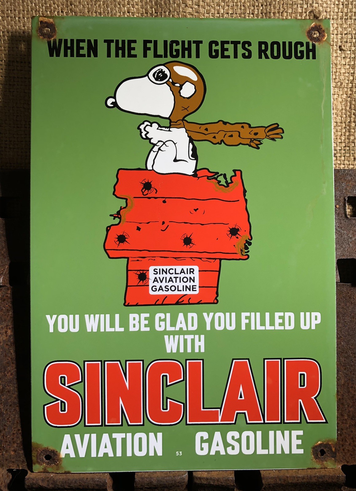 VINTAGE DATED 1953 SINCLAIR AVIATION GASOLINE 15” PORCELAIN GAS PUMP SIGN SNOOPY