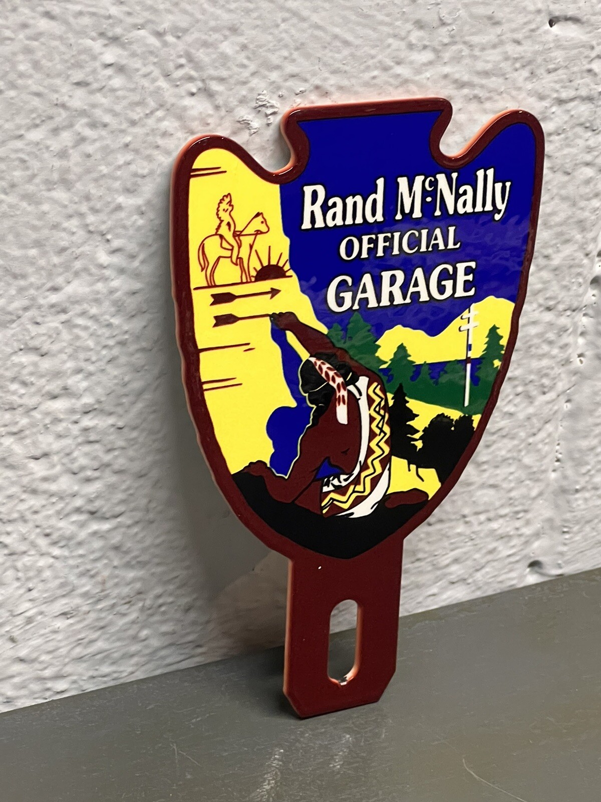 Rand McNally Official Garage Plate Topper Horse Arrowhead Gas Oil Sign Cowboy
