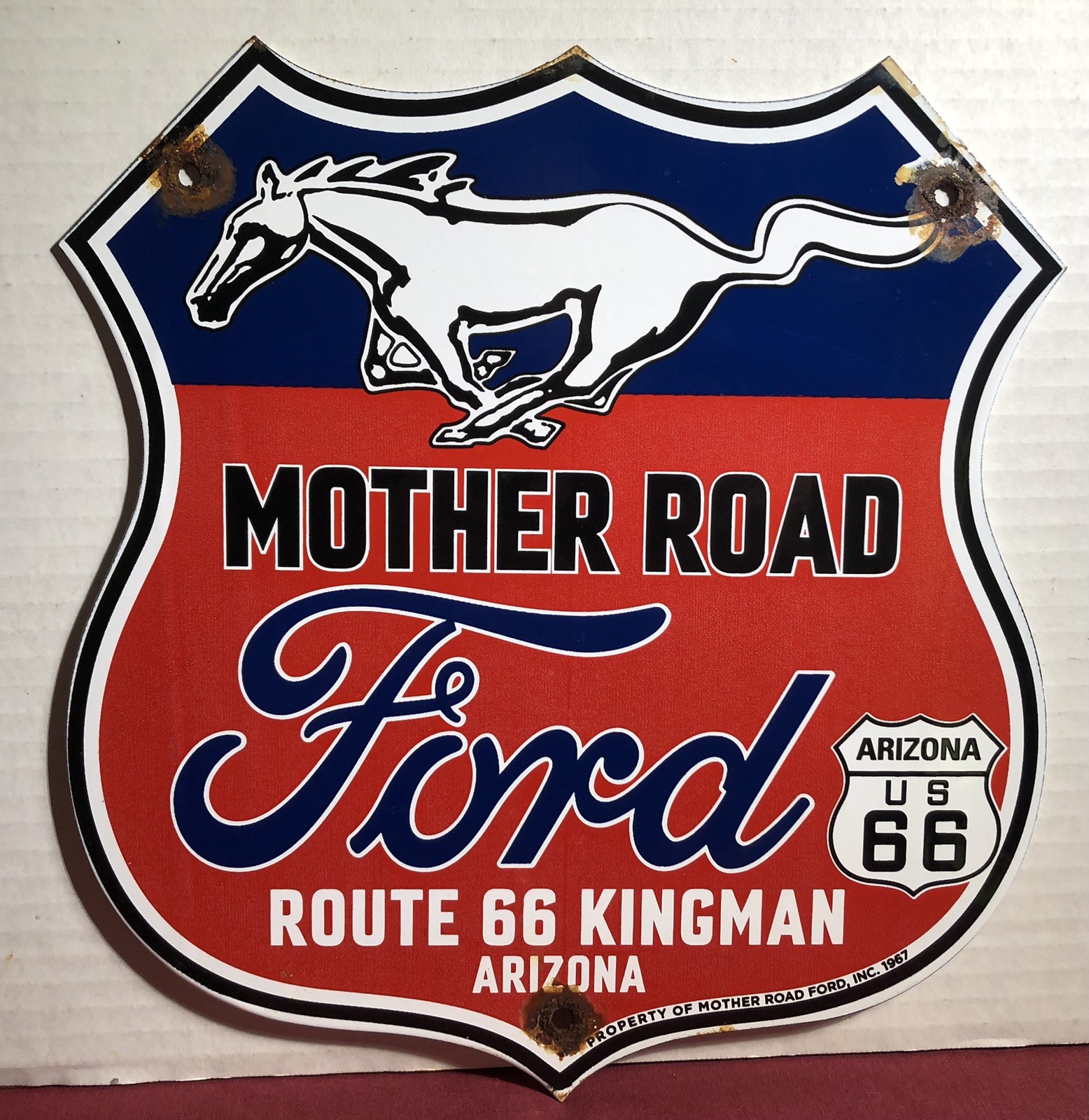 VINTAGE 1967 DATED MOTHER ROAD FORD ROUTE 66 ARIZONA PORCELAIN GAS OIL SIGN