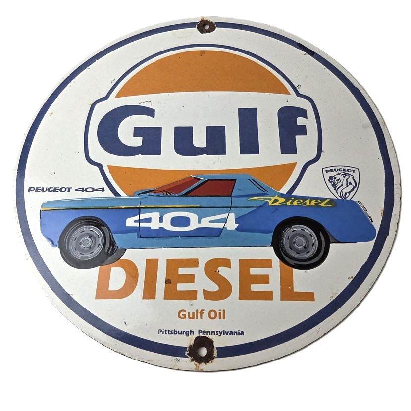 Vintage Gulf Gasoline Sign – Porcelain Racecar Gas Diesel 404 Gas Station Sign
