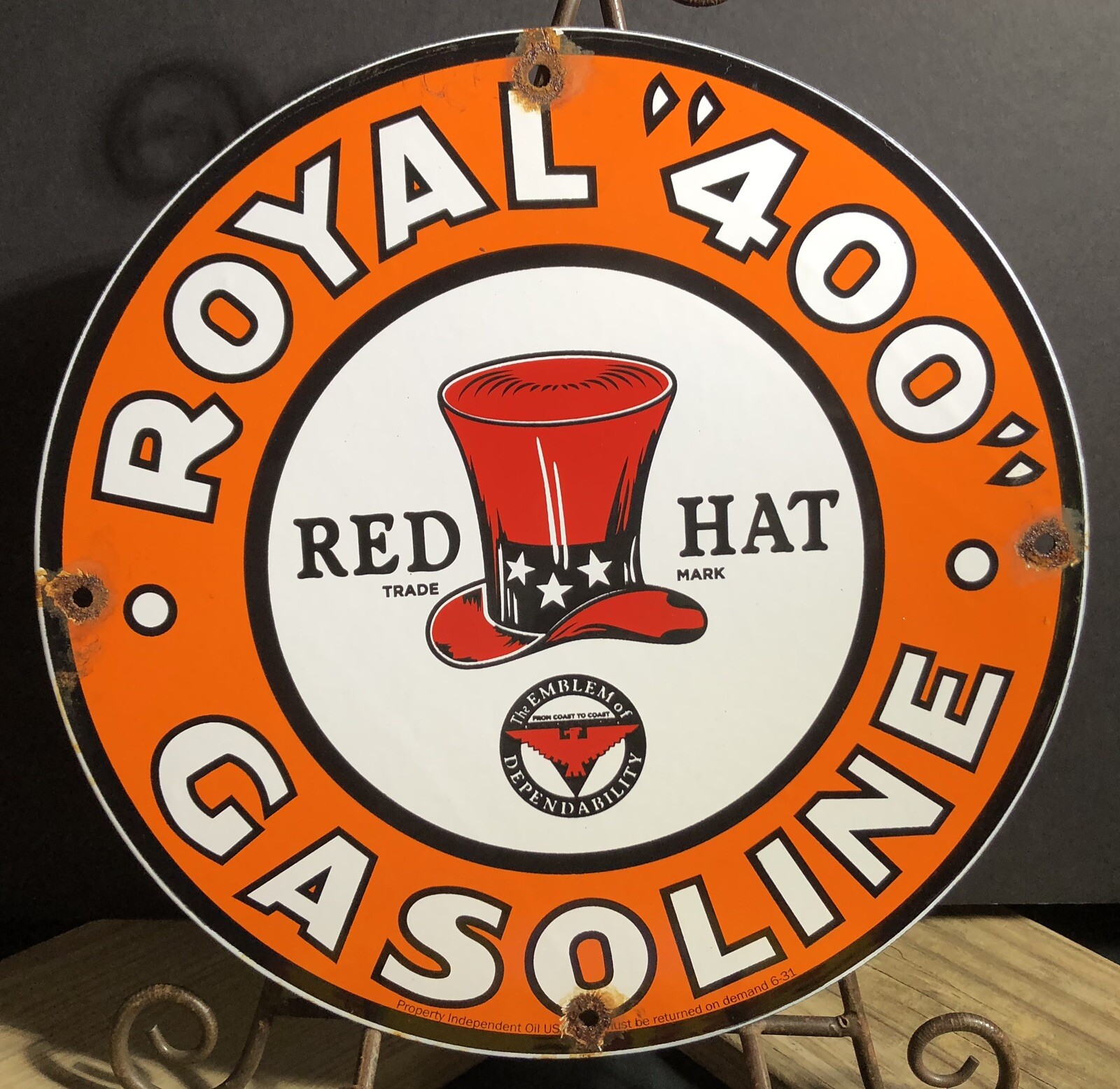 VINTAGE RED HAT ROYAL 400 GASOLINE PORCELAIN SIGN GAS MOTOR OIL
