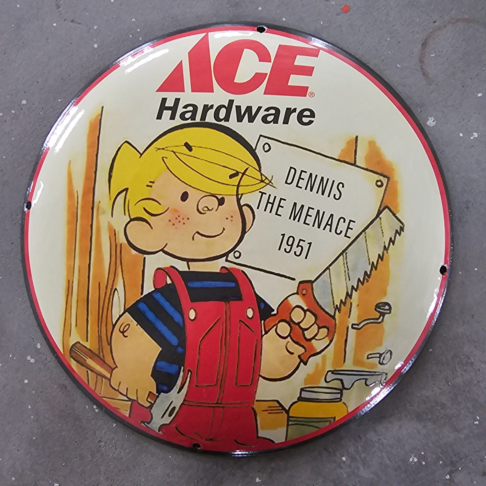 VINTAGE CONVEX 1951 ACE HARDWARE US GASOLINE OIL GAS PUMP ENAMEL PORCELAIN SIGN