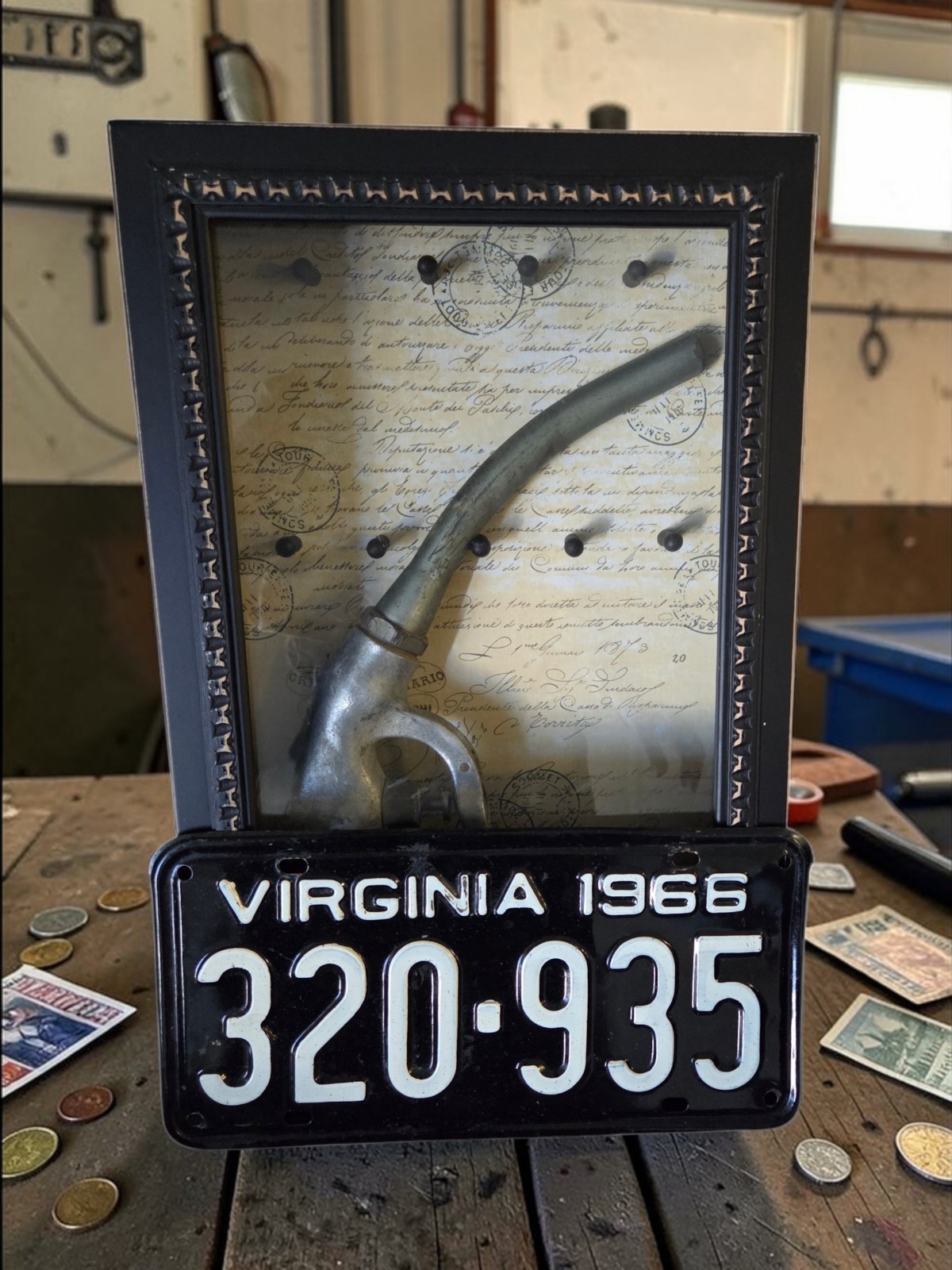 Gas Pump Nozzle Circa 1939 & Vintage License Plate Virginia Metal Sign Rare