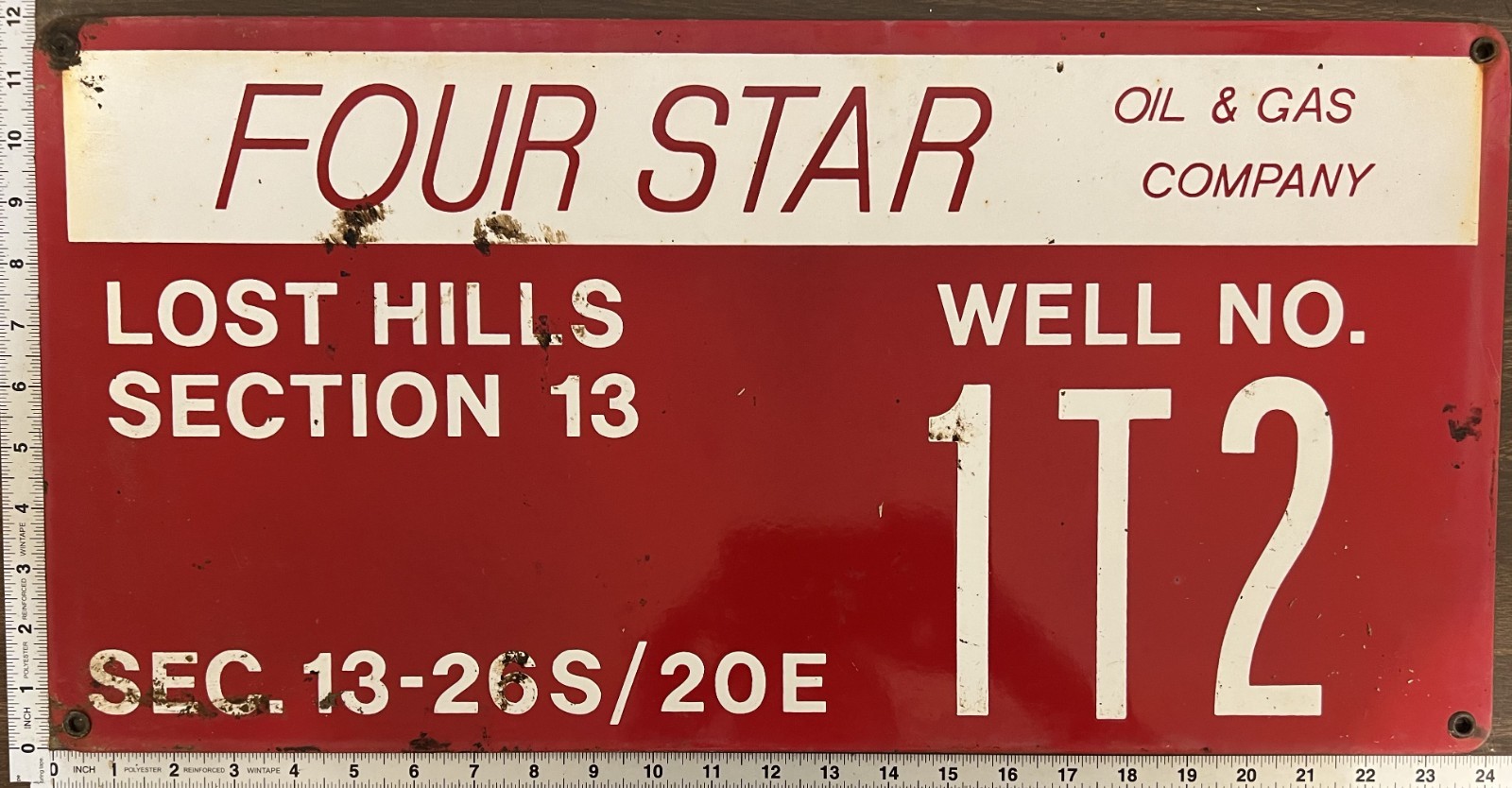 Vintage Porcelain Oil Field Sign – Four Star Oil & Gas Co. Lost Hills Well 1T2