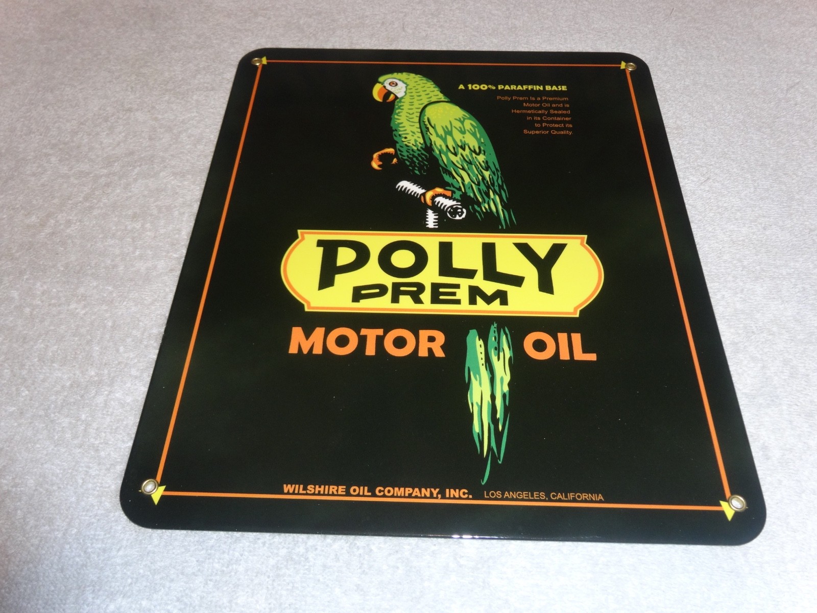 VINTAGE POLLY PREMIUM GASOLINE PARROT 12.5″ PORCELAIN METAL WILSHIRE CA OIL SIGN
