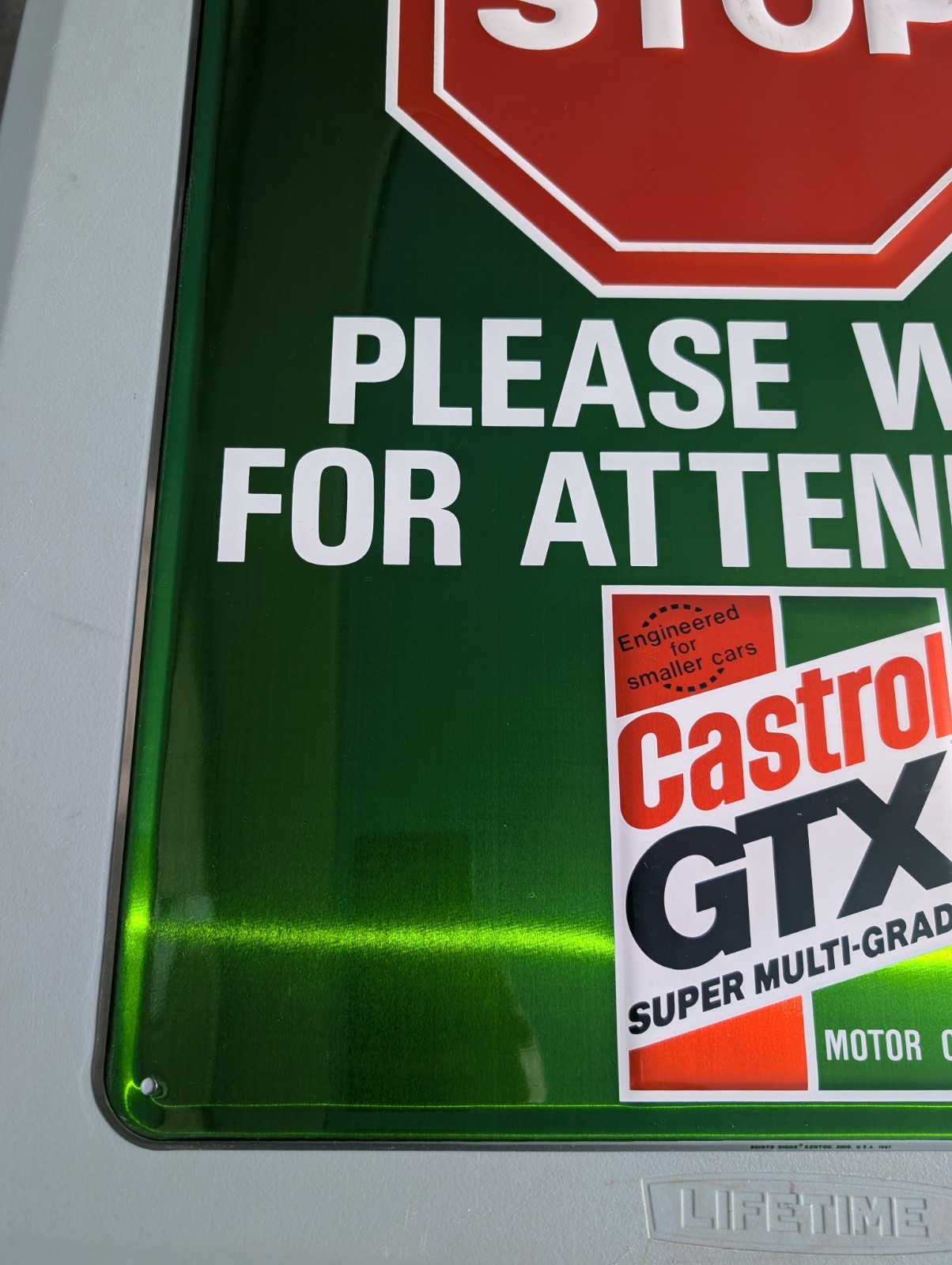 Vintage 1987 Castrol STOP please wait for attendant SIGN NOS ORIGINAL PACKAGING