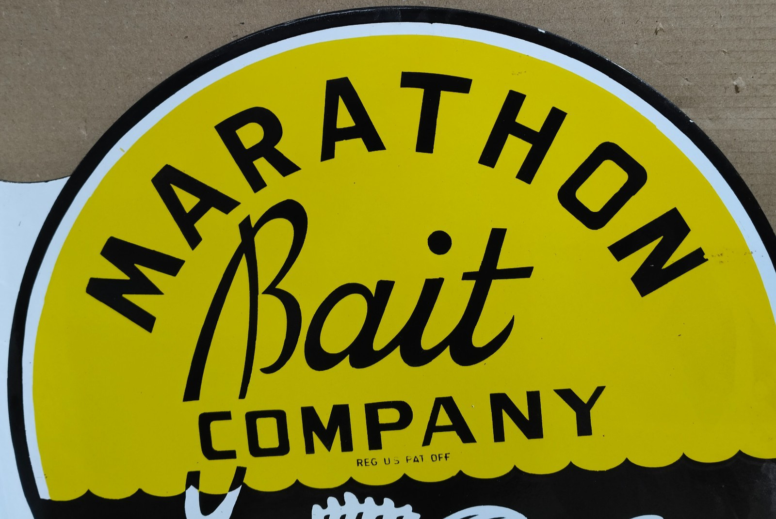 Marathon Bait Company Porcelain Enamel Sign 19.5 x 17 Inches 2 Sided