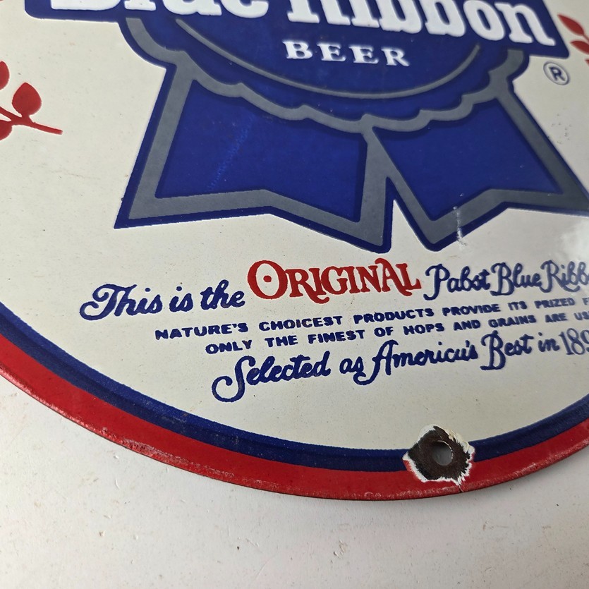 Vintage Pabst Blue Ribbon Beer Porcelain Sign – Ribbon Badge Logo Sign