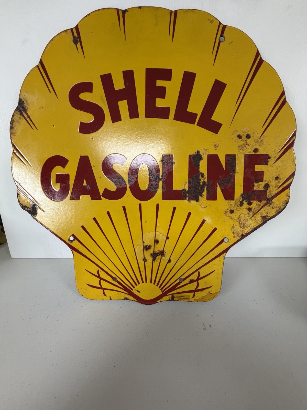 Vintage 1929 SHELL GASOLINE Porcelain Sign Original Rare Clam Shell 25×25.5” DSP