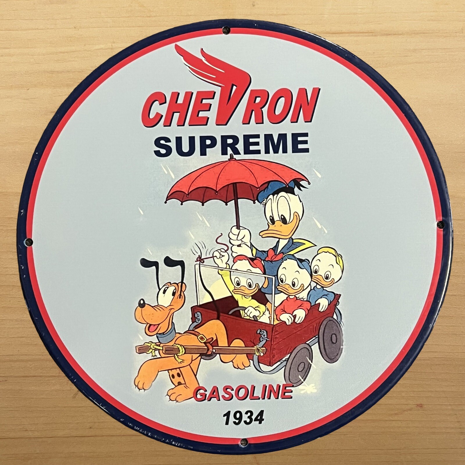 VINTAGE CHEVRON PORCELAIN SIGN DISNEY SUPREME GASOLINE OIL STATION PUMP PLATE AD