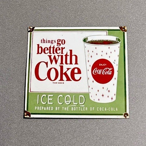 VINTAGE COCA-COLA COKE SODA PORCELAIN SIGN CAR GAS TRUCK OIL MOTORCYCLE