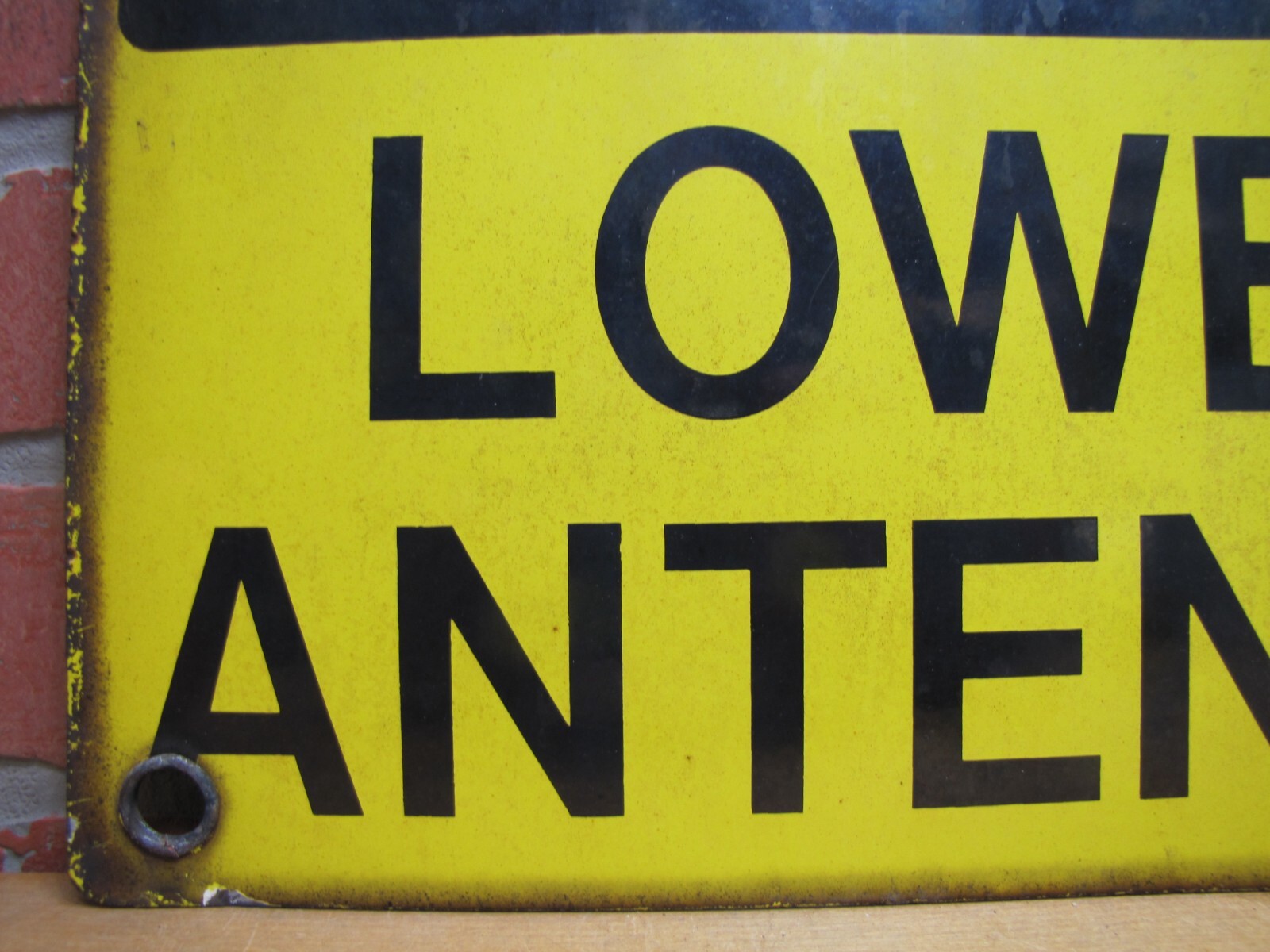 CAUTION LOWER ANTENNA Original Old Porcelain Sign Shop Car Wash Industrial RR
