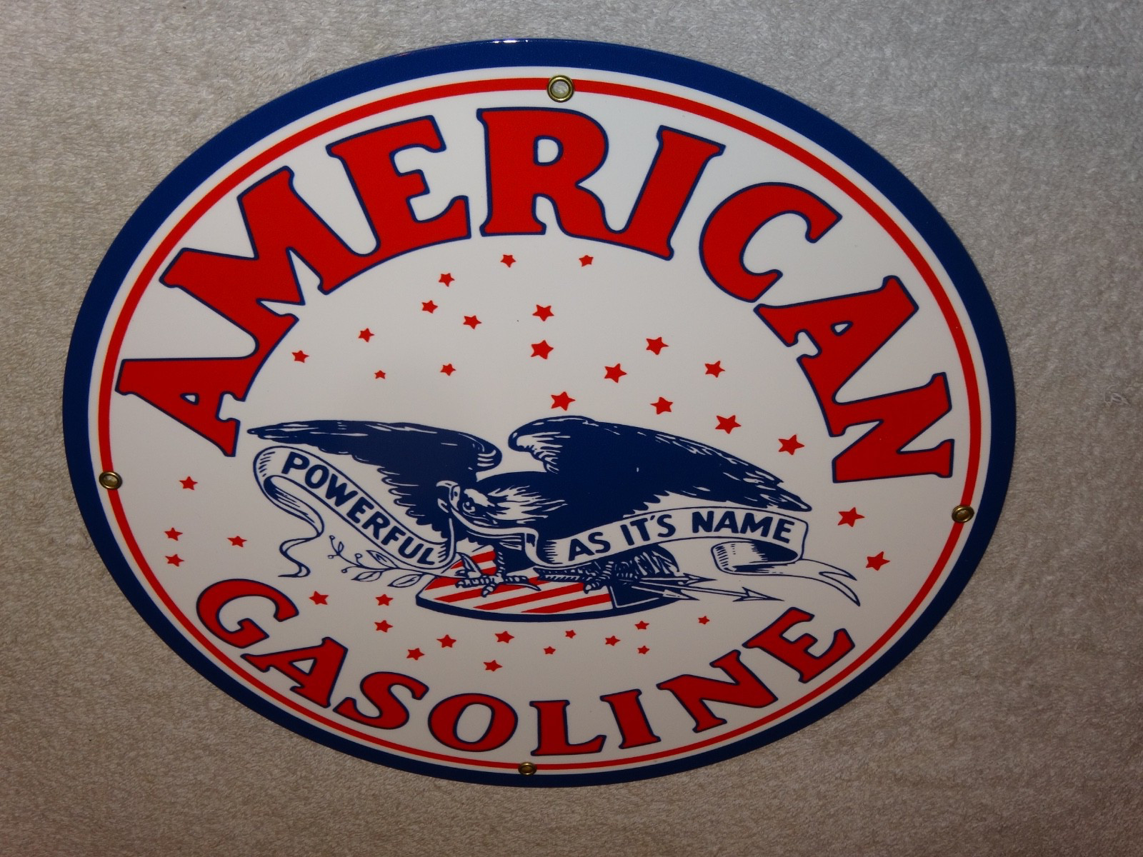 VINTAGE AMERICAN GASOLINE POWERFUL EAGLE 11 3/4″ PORCELAIN METAL GAS & OIL SIGN