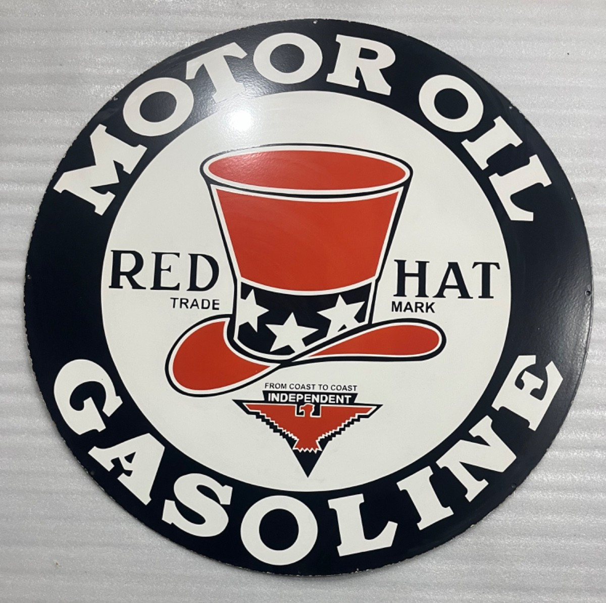 RED HAT MOTOR OIL & GASOLINE PORCELAIN ENAMEL GAS & OIL SIGN 48″ DSP.