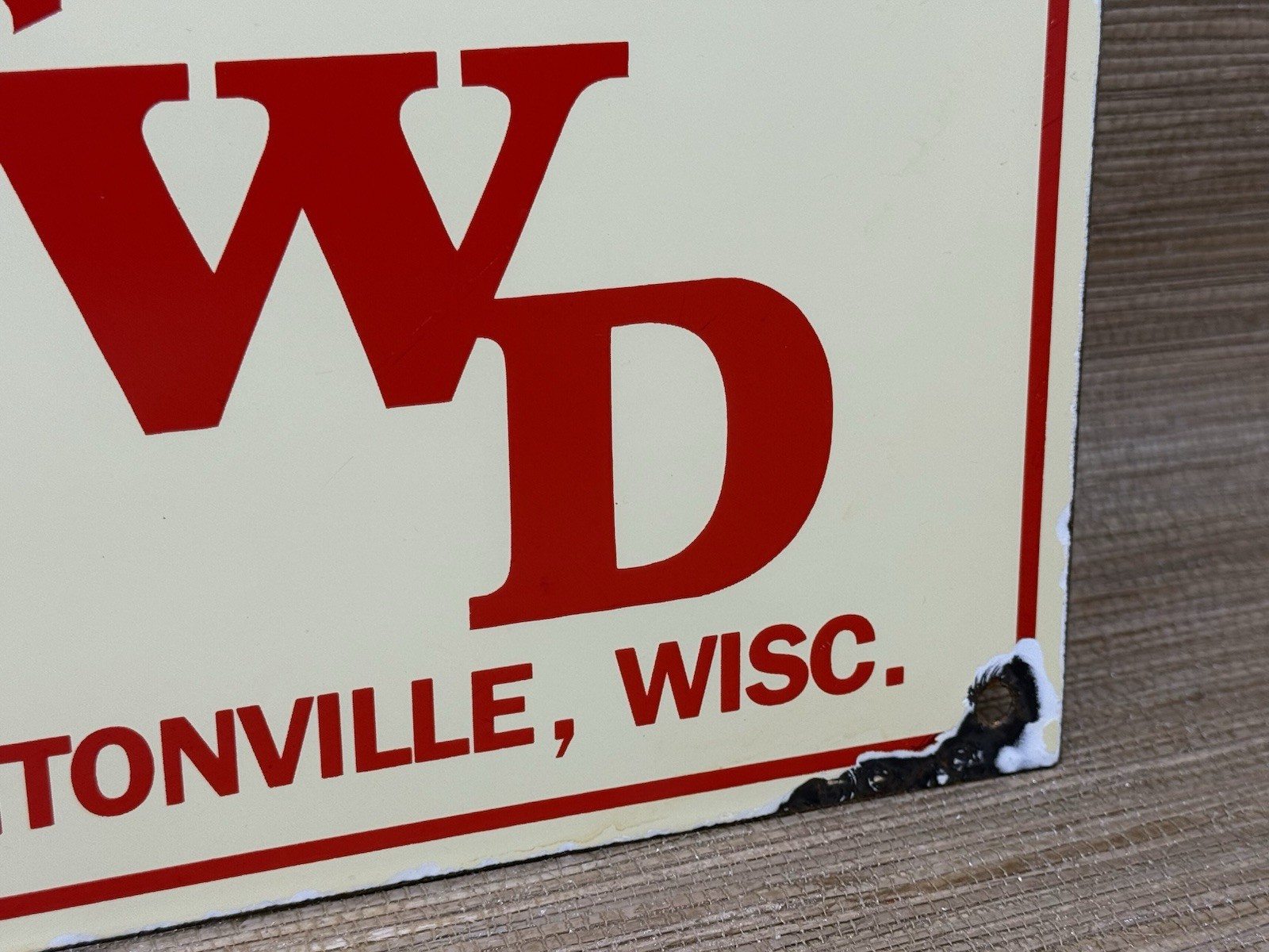 VINTAGE FOUR WHEEL DRIVE TRUCKS PORCELAIN SIGN REPAIR SHOP GAS OIL WISCONSIN