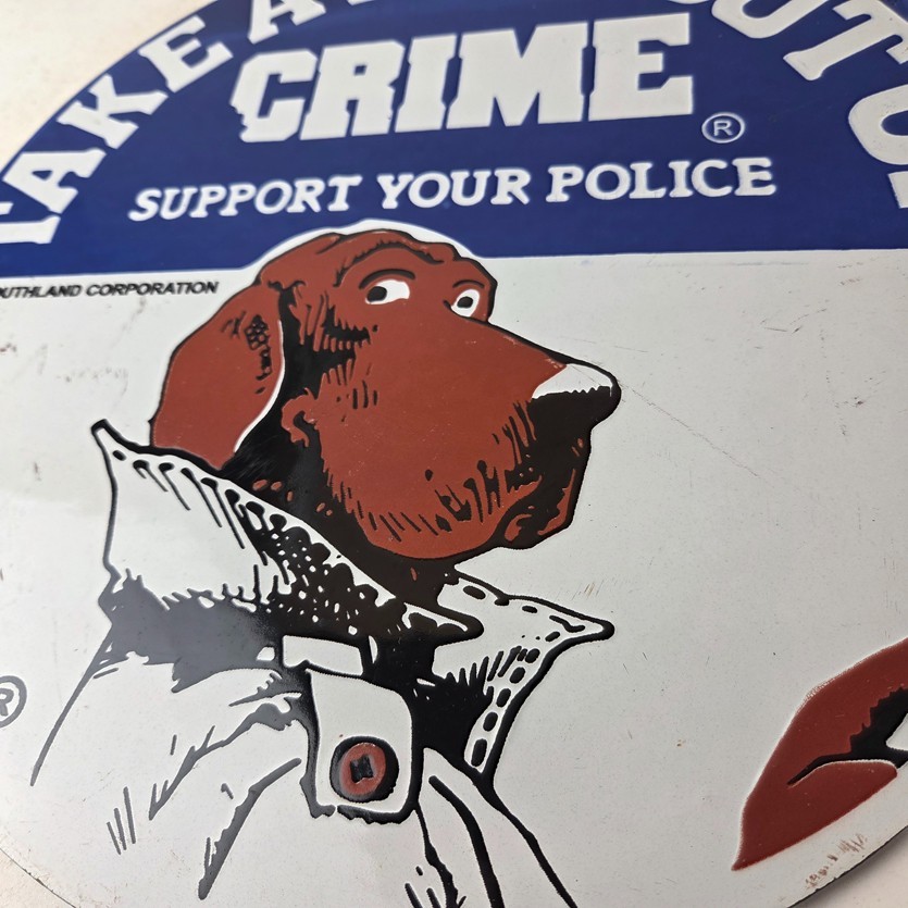 Vintage McGruff Crime Dog Sign – Porcelain Support Police Gas Pump Plate Sign