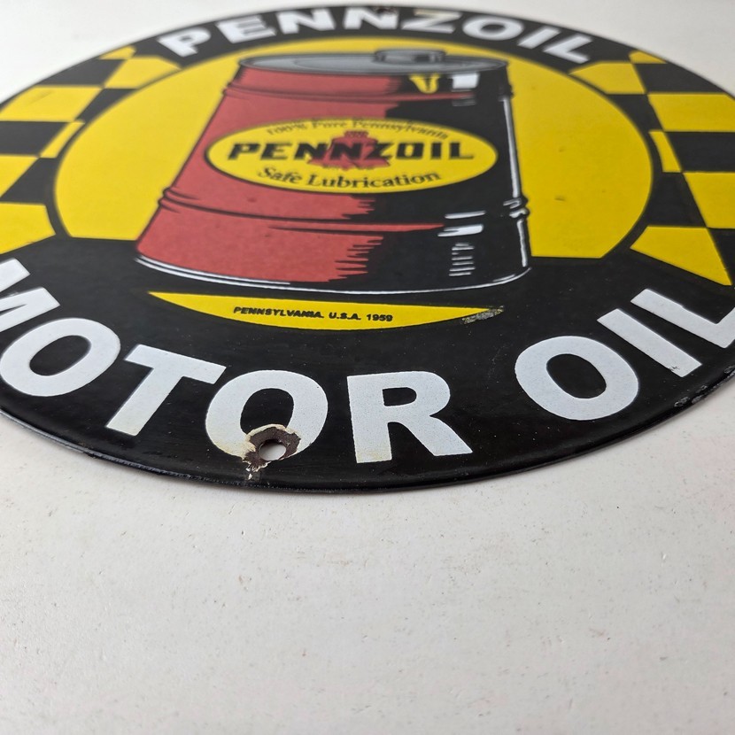 Vintage Pennzoil Porcelain Sign – Motor Oil Drum Can Lubrication Porcelain Sign