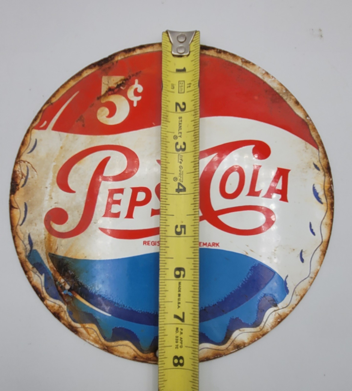 Vintage Distressed 8″ Pepsi Cola Rustic Weathered Porcelain Enameled Metal Sign