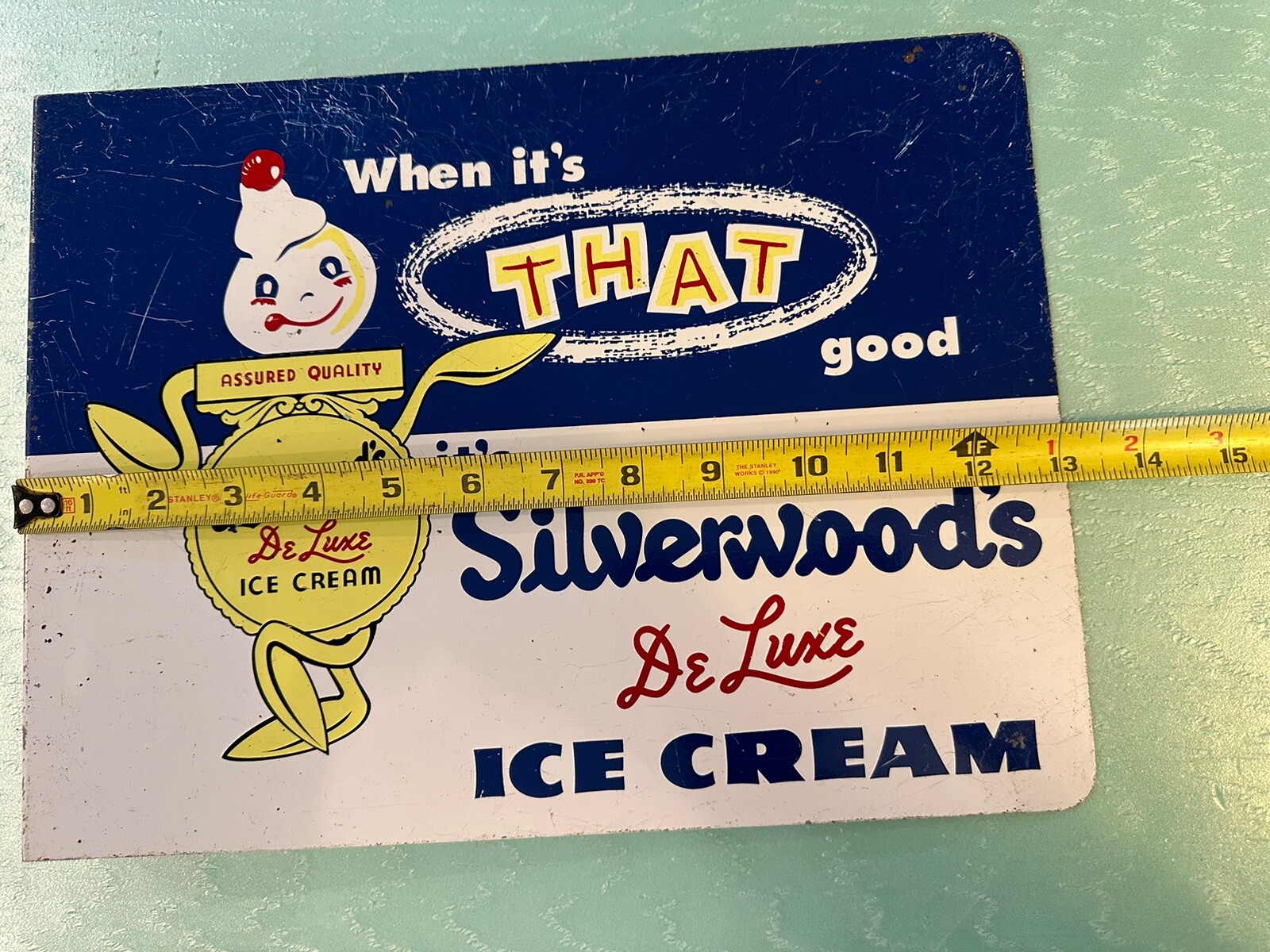 Silverwoods DeLuxe Ice Cream Painted Metal 2 Sided Flange Sign Stout Sign Co.