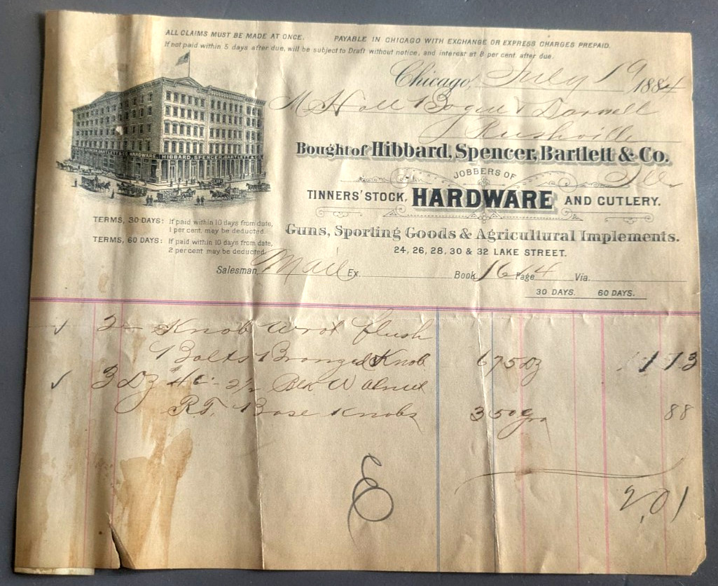 PEORIA, CHICAGO, CANTON, IL; ST. LOUIS, RACINE WISC. INVOICE DOCUMENTS, 1881-84