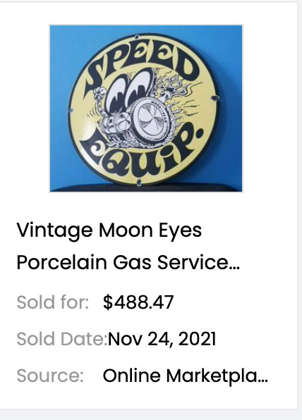 VINTAGE 1961 MOON EYES SPEED EQUIPMENT 11 3/4″ PORCELAIN METAL GASOLINE OIL SIGN