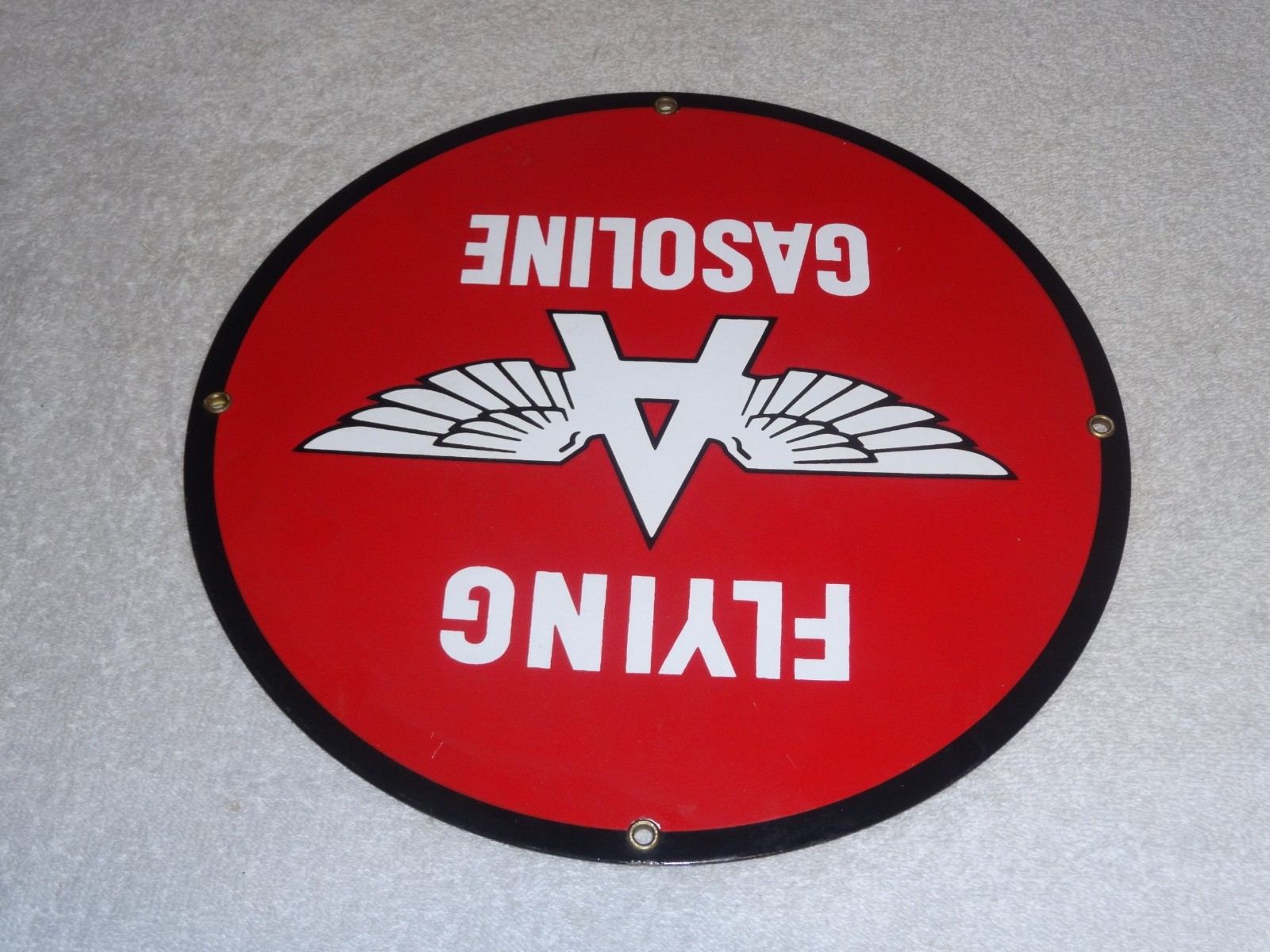 VINTAGE FLYING A GASOLINE “A” WITH WINGS 11″ PORCELAIN METAL OIL PUMP PLATE SIGN