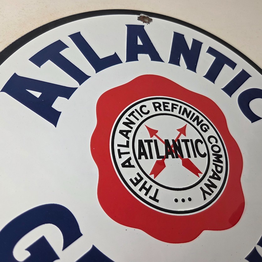 Vintage Atlantic Gasoline Sign – Gas Service Station Pump Porcelain Sign