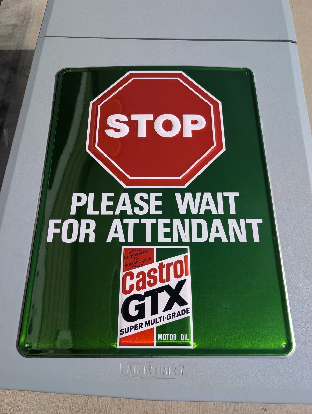 Vintage 1987 Castrol STOP please wait for attendant SIGN NOS ORIGINAL PACKAGING