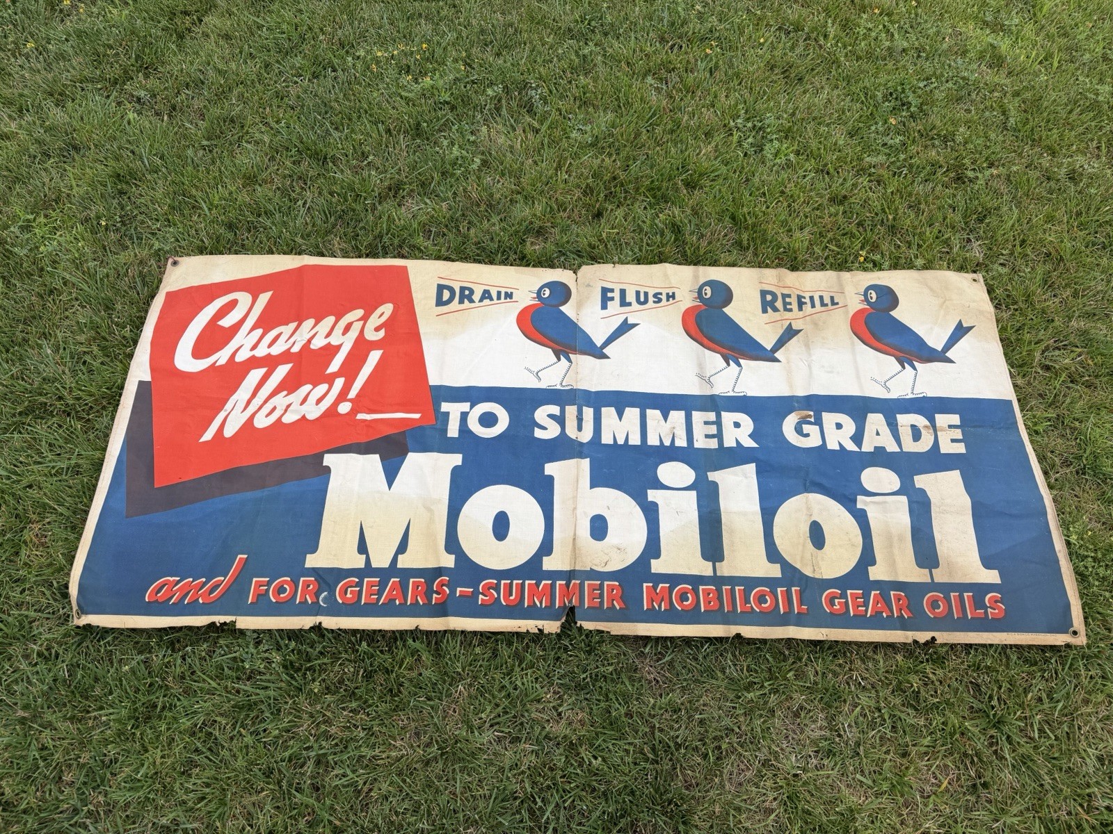Vintage Mobiloil Motor Oil Sign Banner Gas Station Gas & Oil ORIGINAL Mobil
