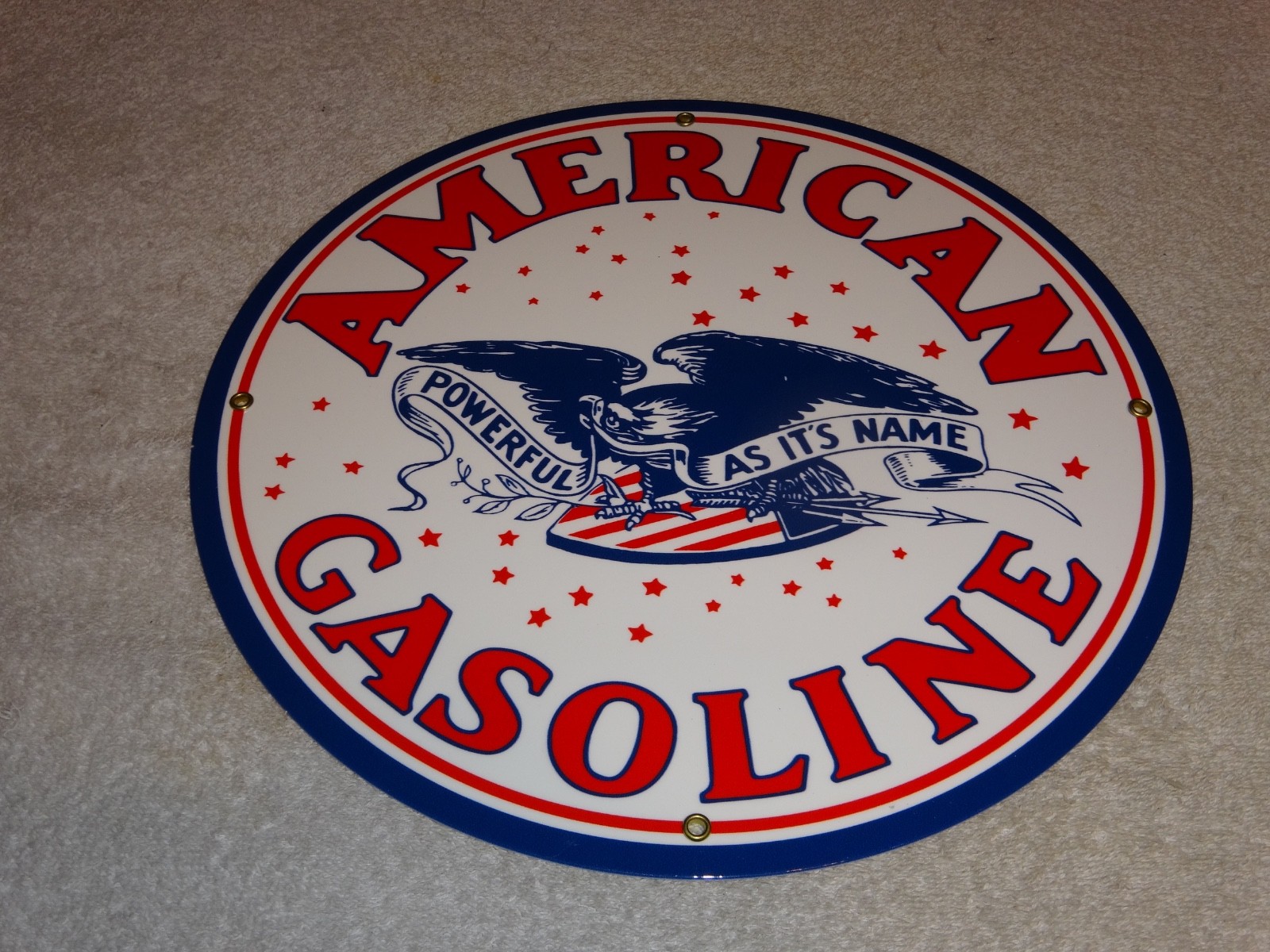 VINTAGE AMERICAN GASOLINE POWERFUL EAGLE 11 3/4″ PORCELAIN METAL GAS & OIL SIGN