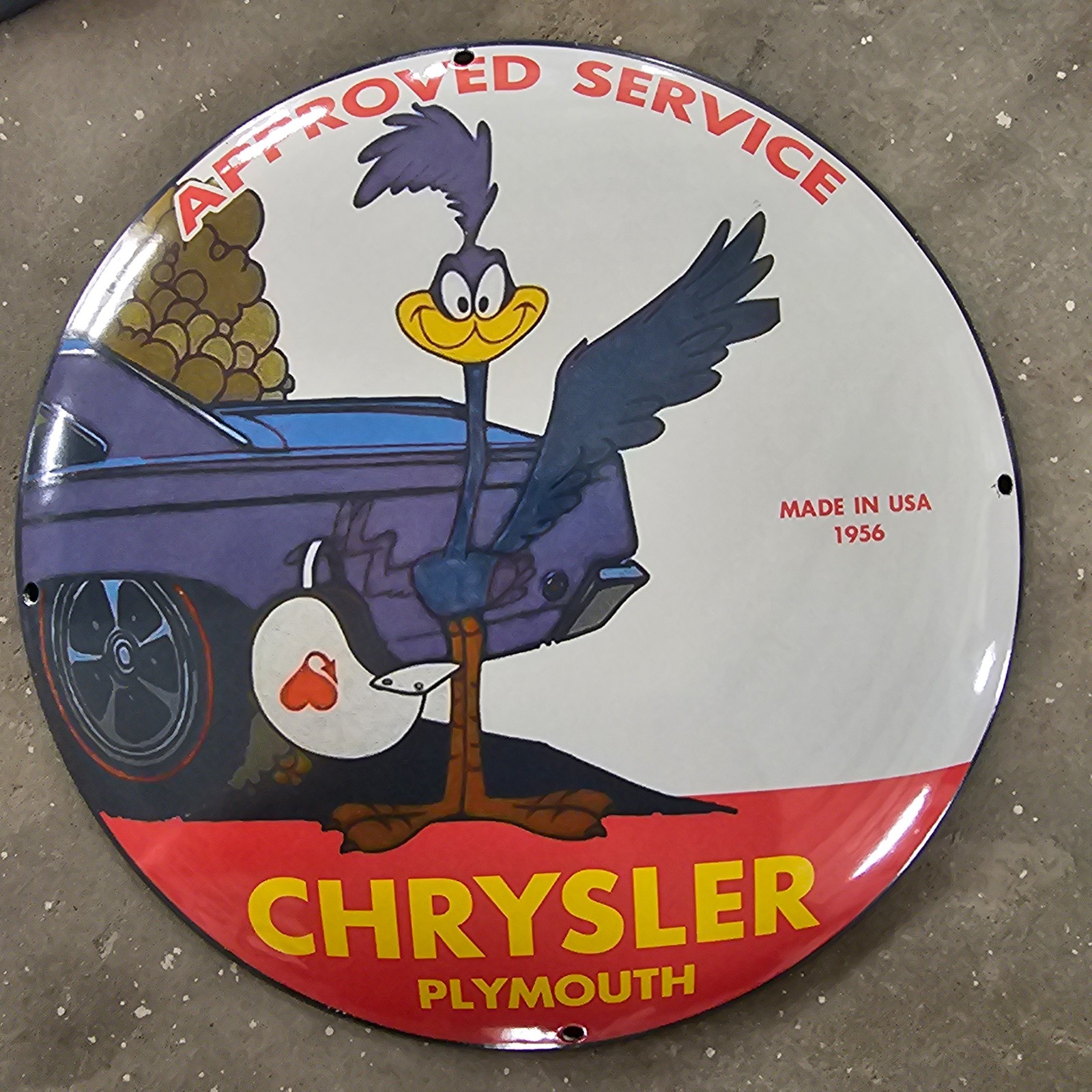 VINTAGE CONVEX 1956 CHRYSLER PLYMOUT GASOLINE OIL GAS PUMP ENAMEL PORCELAIN SIGN