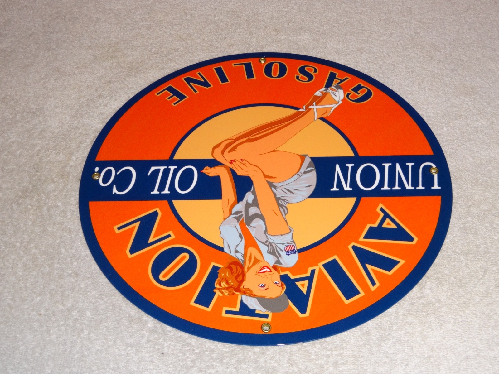 VINTAGE UNION AVIATION GASOLINE STATION +WOMAN 11 3/4″ PORCELAIN METAL OIL SIGN
