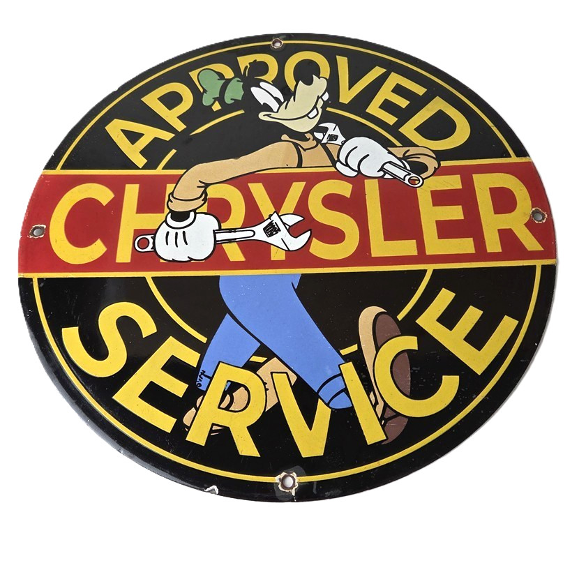 Vintage Chrysler Porcelain Sign – Walt Disney Goofy Garage Service Station Sign