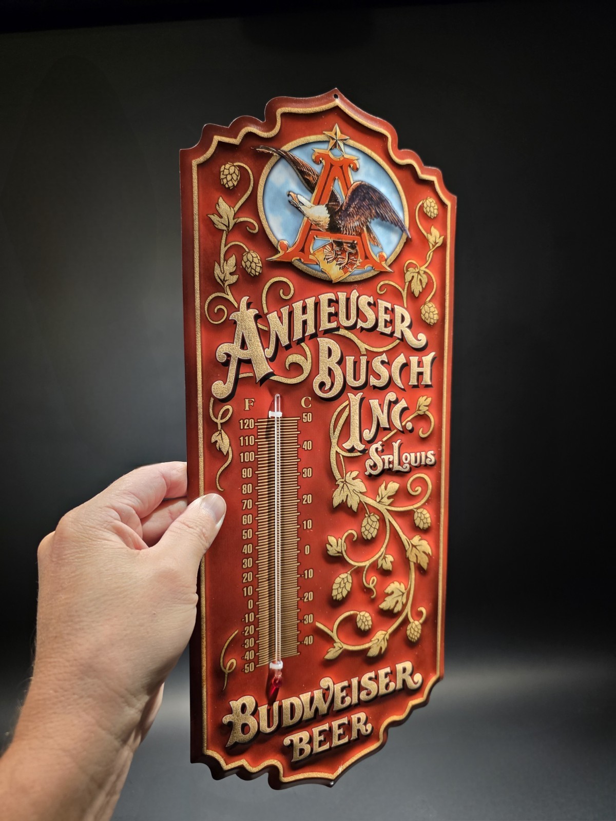 Metal Vintage Style Anheuser Busch Budweiser Wall Thermometer Sign