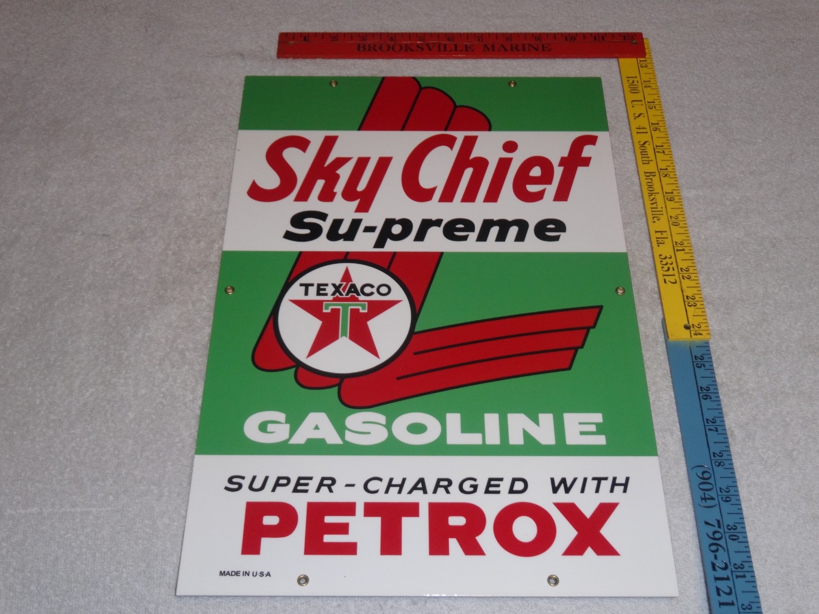 VINTAGE TEXACO SKY CHIEF SUPREME GASOLINE W/ PETROX 18″ PORCELAIN METAL OIL SIGN