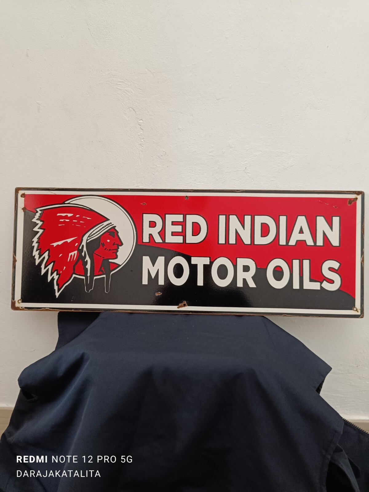 Not Porcelain Red Indian Motor oil Enamel Sign Size 60cm x 21cm Vintage Design