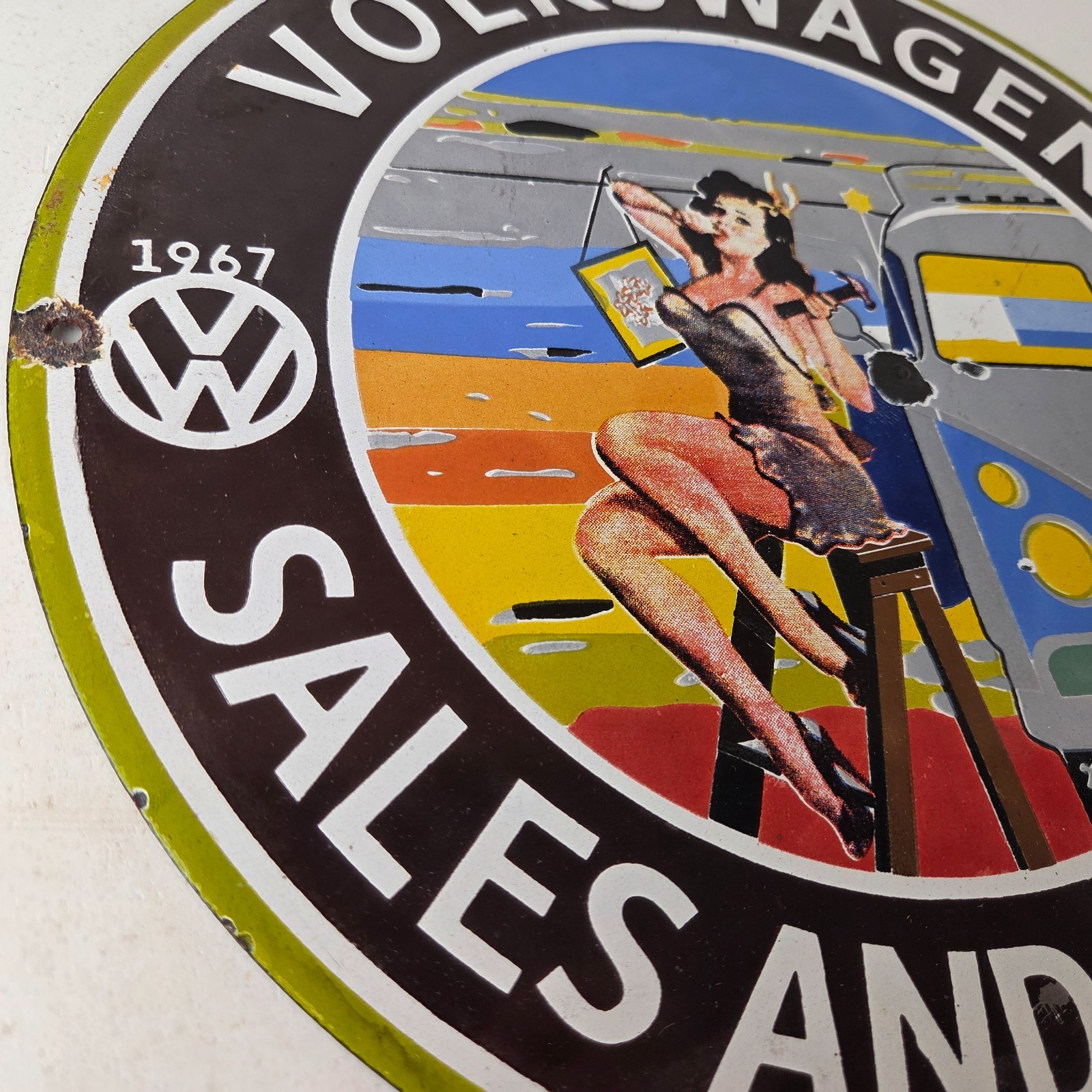 Vintage Volkswagen Sign – Sales Dealership VW Automobile Gas Pump Porcelain Sign