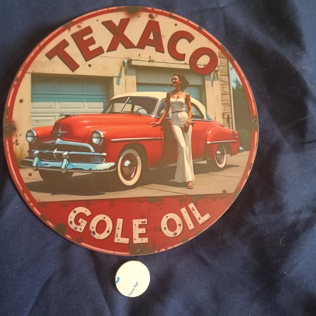 Wood Sign 8″ Round Man Cave Garage Bar Gas Station Wall Art Oil Texaco Pinup #3