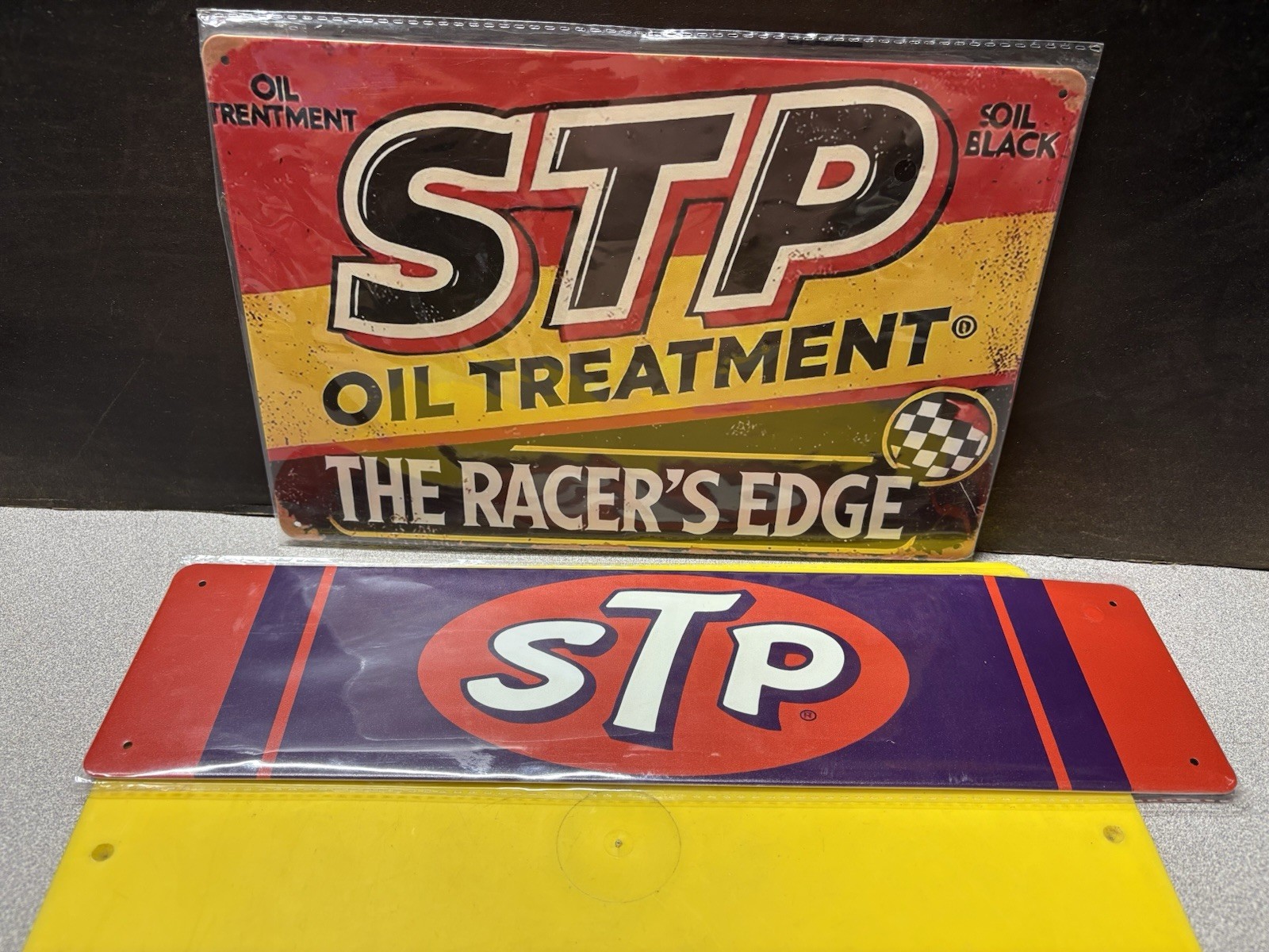 2-STP Motor Oil Treatment THE RACER EDGE Metal Signs 8×12”+4×16” Repro NIP