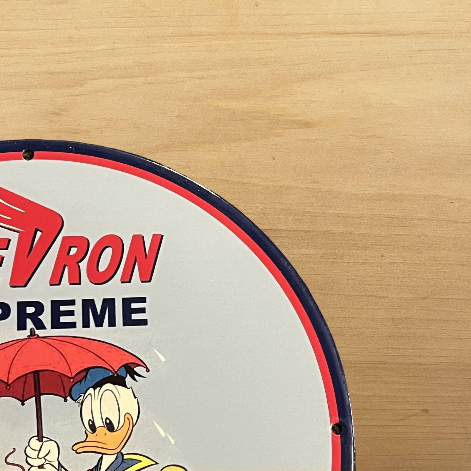 VINTAGE CHEVRON PORCELAIN SIGN DISNEY SUPREME GASOLINE OIL STATION PUMP PLATE AD