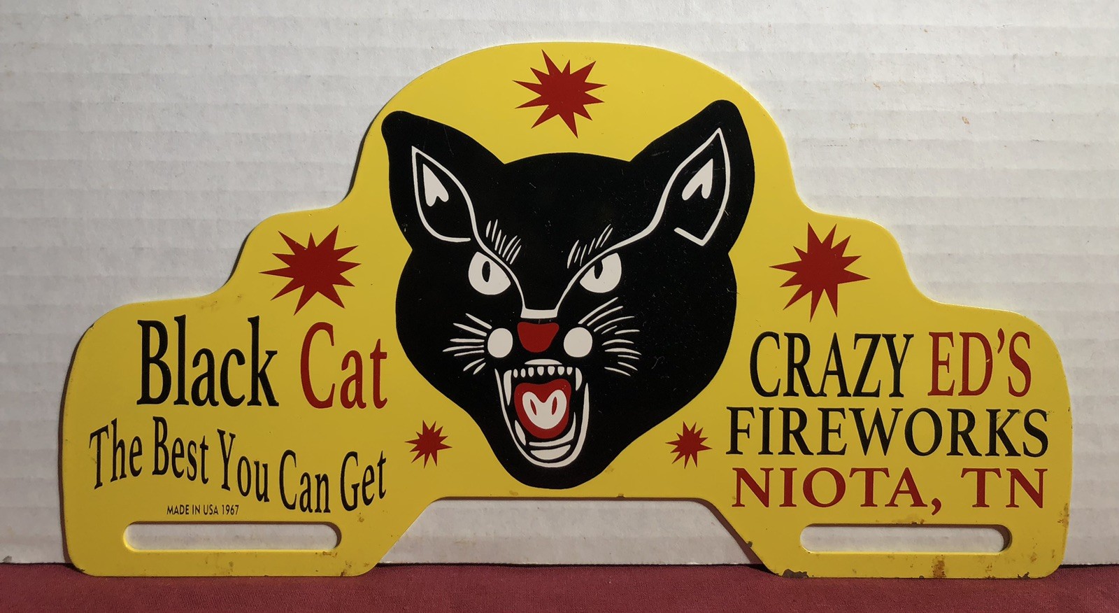 Vintage 1967 Dated Black Cat Crazy Ed’s Fireworks 11” Metal Car Tag Topper Sign