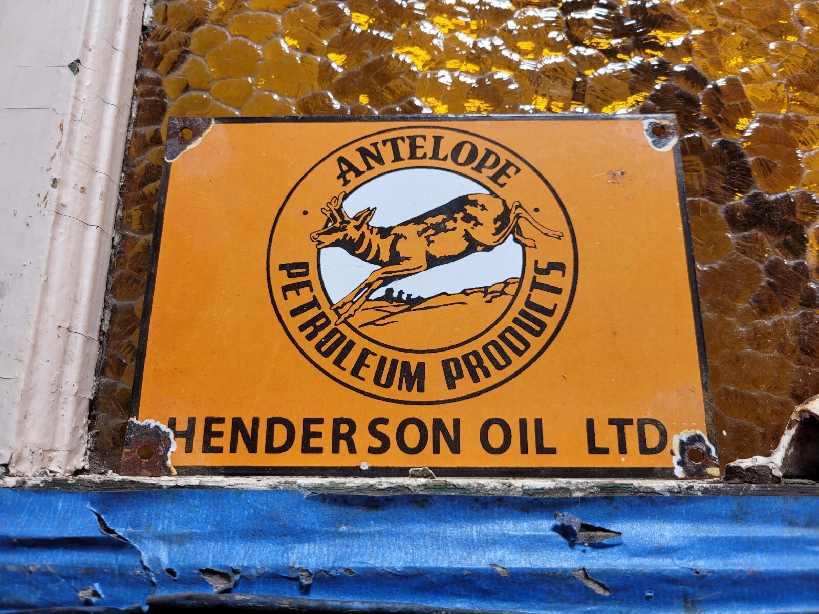 VINTAGE ANTELOPE PETROLEUM PORCELAIN SIGN OLD HENDERSON MOTOR OIL GAS ENGINE