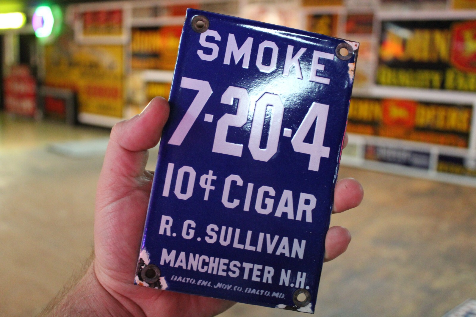 SMOKE 7-20-4 R.G. SULLIVAN’S 10 CENT CIGAR DEALER PORCELAIN SIGN TOBACCO PIPE