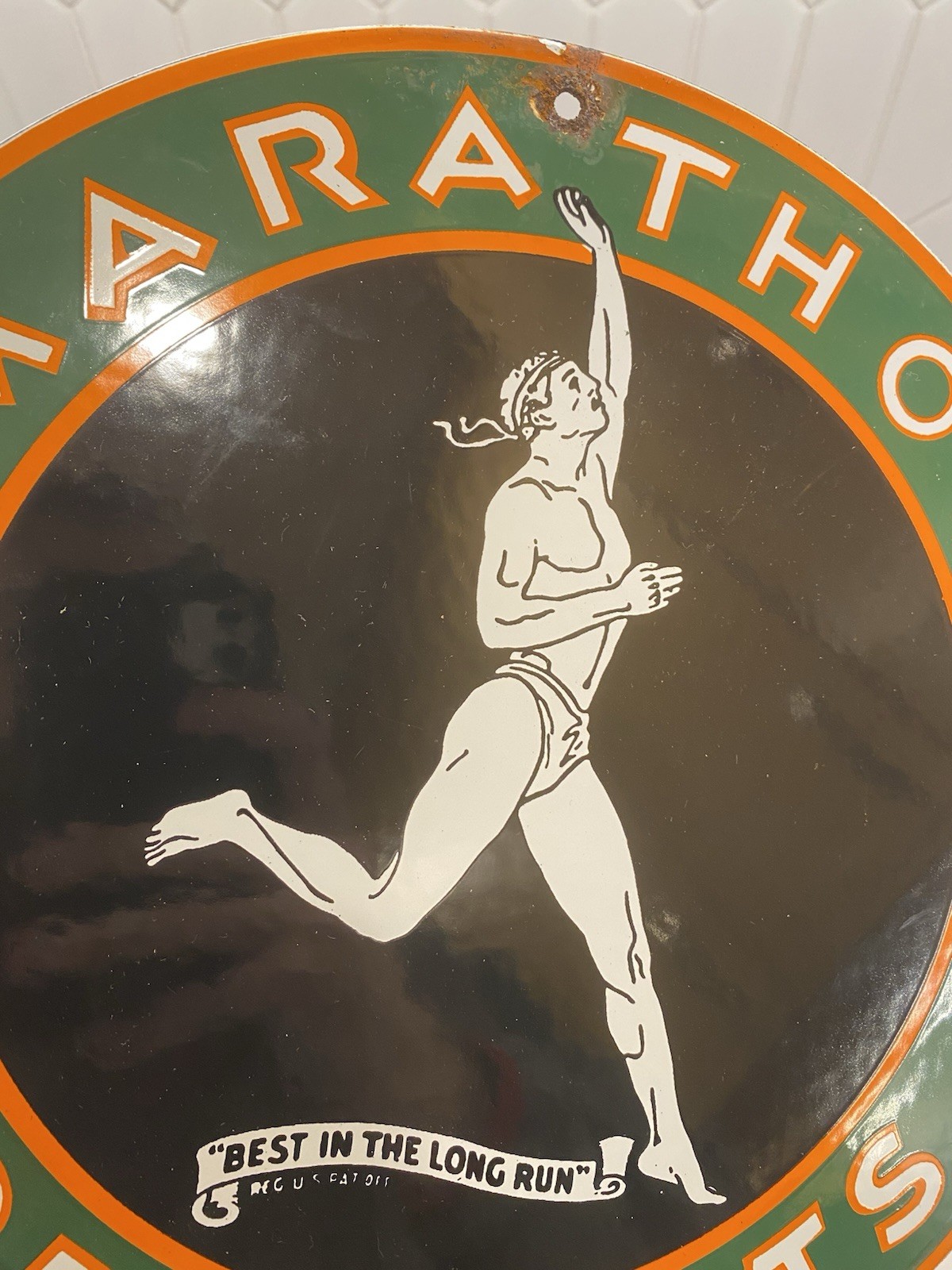 VINTAGE MARATHON GAS & OIL PRODUCTS 12″ PORCELAIN METAL CAR SIGN L👀K