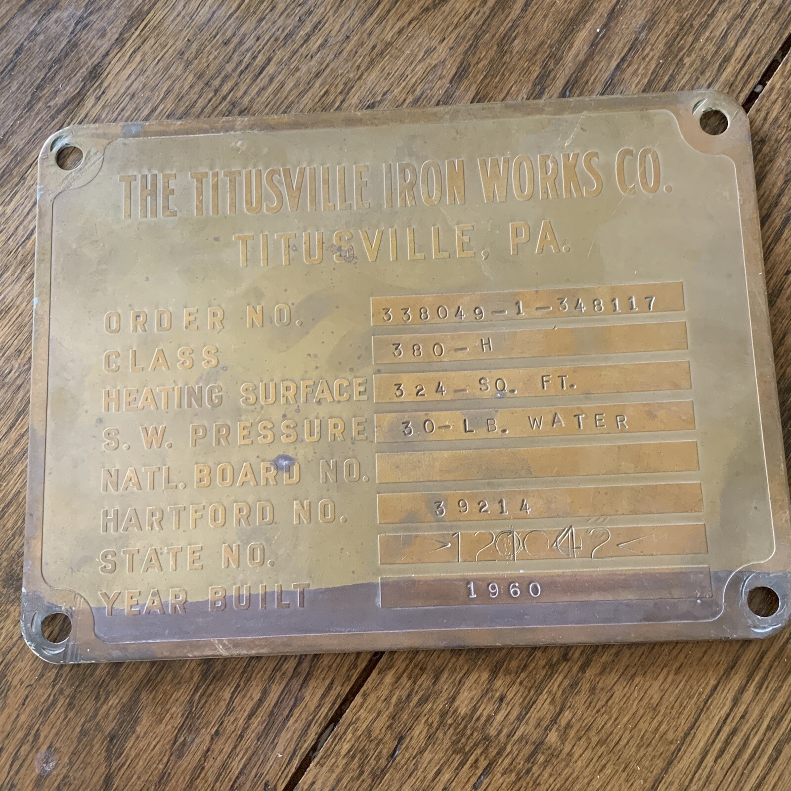 The Titusville Iron Works Co. Superheater/boiler Brass Plate Sign