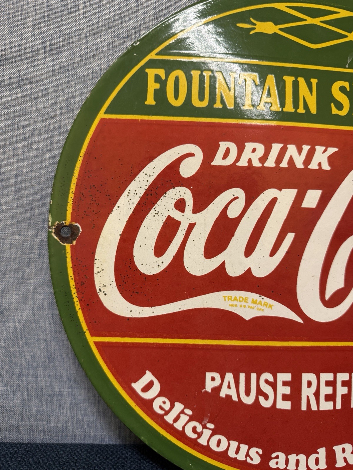 Vintage Coca Cola Fountain Service Porcelain Enamel Sign.