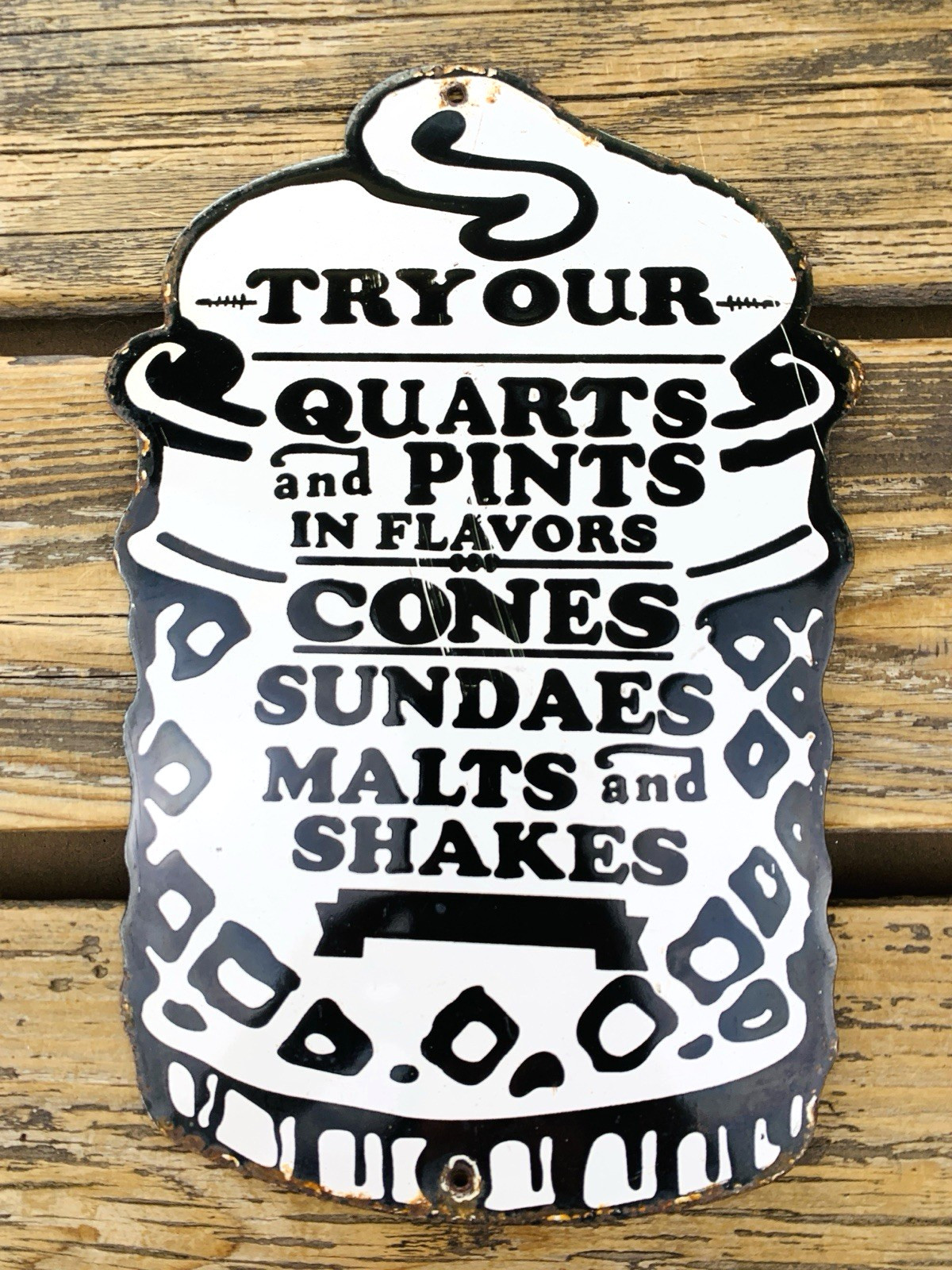 VINTAGE 12×8″ ICE CREAM CONES, PINTS, SHAKES, PORCELAIN GASOLINE OIL GAS SIGN