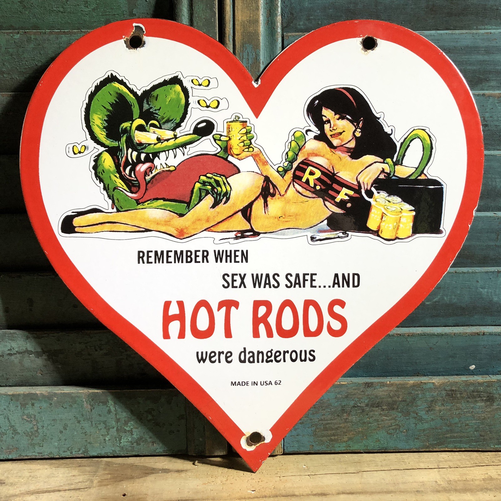 VINTAGE 1962 DATED RAT FINK HOT ROD 12” PORCELAIN SAFE SEX CAR GAS OIL SIGN