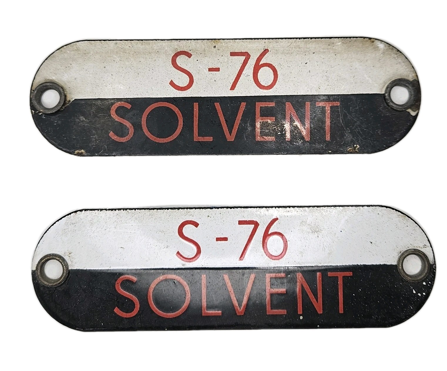 Vintage Lot 2 S-76 Solvent Porcelain Gas Fuel Oil Tag ID Badge Black White Red